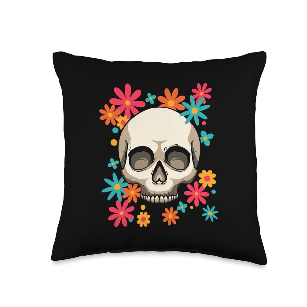 9784 Sugar Skull Dia De Muertos Floral Day of The Dead Hippie Throw Pillow